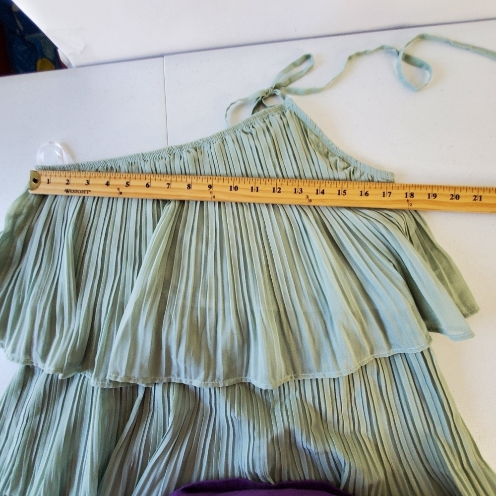 Lulus Blowing Kisses Pleated One Shoulder Mini Dress XL Tiered Sage Green NEW - Picture 6 of 12
